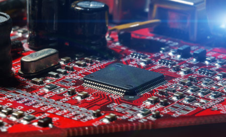 Printed circuit board with electronic components.