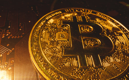 Physical version of golden bitcoin on microchip.