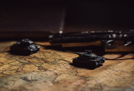 Toy tanks on the map. Military operations in Ukraine.