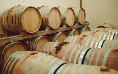 Wine barrels stacked in the cellar.