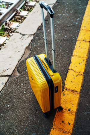 Forgotten travel bag on the train station.の写真素材