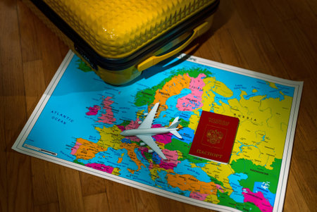 Russian Federation passport on Europe map. Travel concept.の写真素材