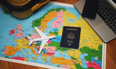 United States of America passport on Europe map. Travel concept.の写真素材