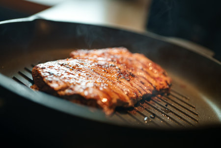 Beef entrecote is fried in a pan.の写真素材
