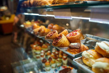 Puff pastry bagels with berries on display.の写真素材