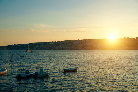 View of Naples from the sea at sunset. Posillipo district.の写真素材