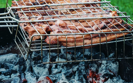Octopus tentacles are cooked on a grill.の写真素材