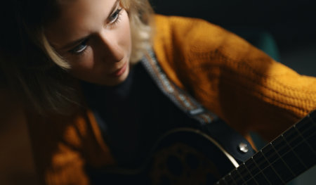 Teenage girl learning to play acoustic guitar.の写真素材