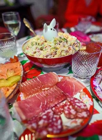 Traditional Russian New Year's table. Salads and cold cuts.の写真素材