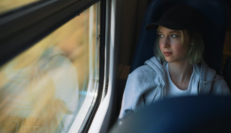 Teenage girl travelling inside the train.