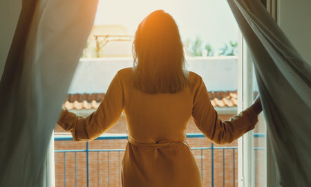 Woman enjoys warm summer breeze while standing in front of the window.の写真素材
