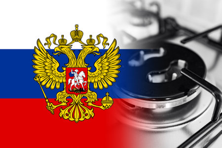 Russian flag and gas stove burner.の写真素材