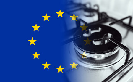 Europe Union flag and gas stove burner.の写真素材
