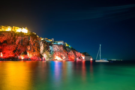 Old city on a rock in Agropoli in the evening.の写真素材