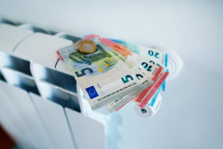 Concept of expensive heating payments. Money on the radiator.の写真素材