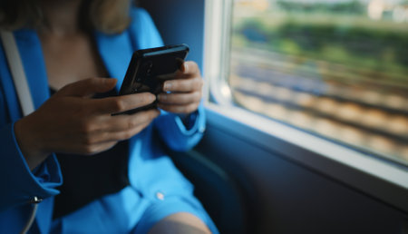 Woman in business suit travelling by the train.の写真素材
