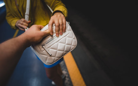 Thief steals a bag from a woman in the subway.