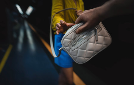 Thief steals a bag from a woman in the subway.の写真素材