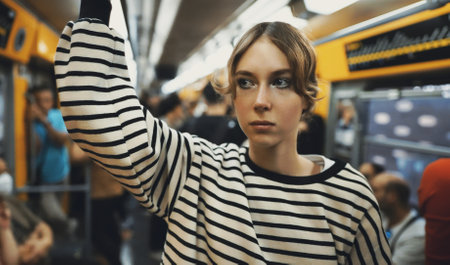 Teenage girl rides in a subway train.の写真素材