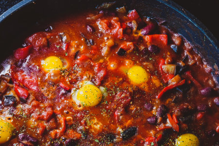 Shakshuka is cooked in a pan.の写真素材