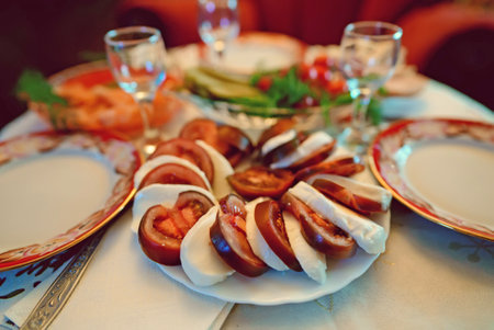 Feast in the Soviet style. Snacks and glasses of vodka.の写真素材