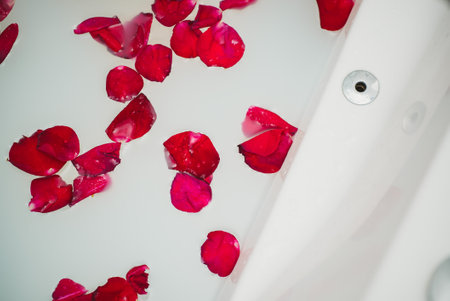 Red rose petals floating in bathtub with milk.の写真素材