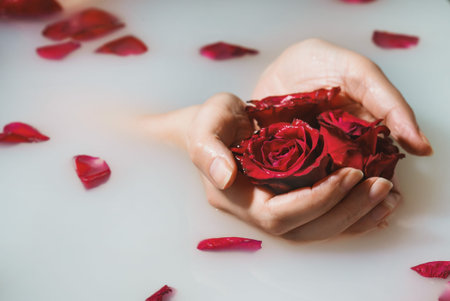 Woman hands holding red roses in bathtub with milk.