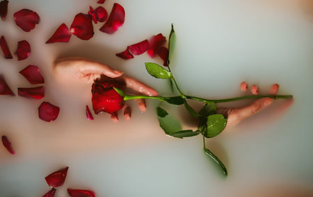 Woman hands holding red rose in bathtub with milk.