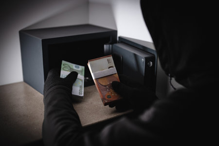Thief steals money from a steel safe.の写真素材