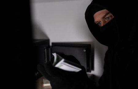 Thief steals money from a steel safe.の写真素材