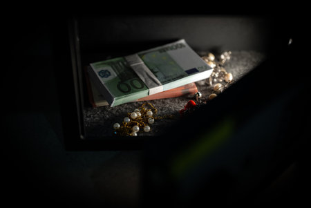 Burglarized steel safe with euro banknotes and jewelry.の写真素材