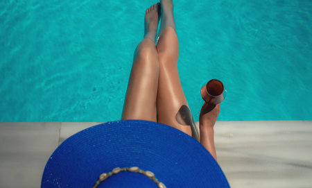 Woman in blue hat and glass of wine is relaxing near the pool.