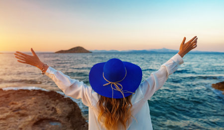 Woman with wide arms open at sunset by the sea.の写真素材