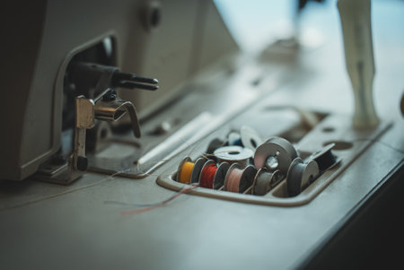 Sewing machine and threads on the table.の写真素材