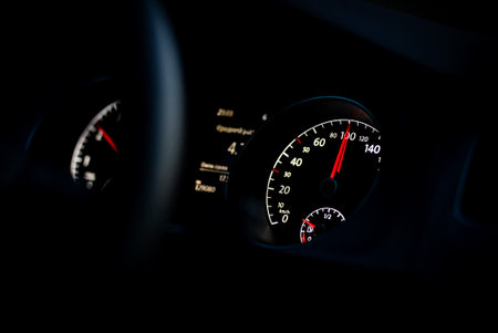 Electronic speed dashboard inside of modern car.の写真素材
