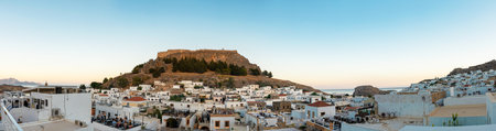 Panoramic view of the ancient Acropolis of Lindos and snow white houses.の写真素材