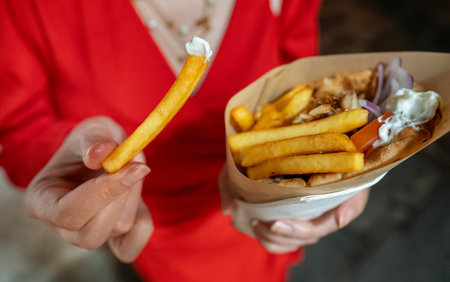 Woman eats pita with french fries.