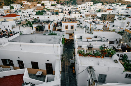 Snow-white roofs of the city of Lindos, Rhodes island, Greece.