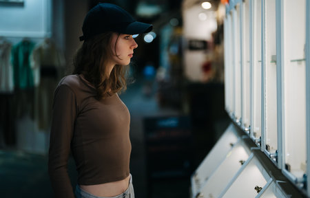 Teenage girl looks at store showcase at evening.の写真素材