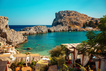 Architecture of Paralia Mikros Gialos beach in St. Paul's Bay in Rhodes.の写真素材