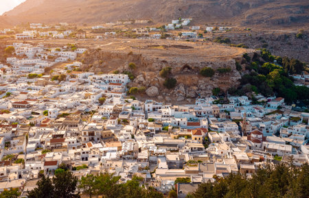 Snow-white roofs of the city of Lindos, Rhodes island, Greece.