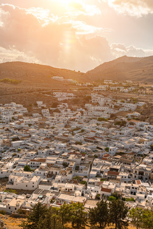 Snow-white roofs of the city of Lindos, Rhodes island, Greece.の写真素材