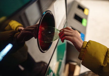 Woman puts bottle in automatic bottle recycling machine. Reverse vending recycling machine.の写真素材
