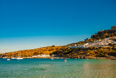 Pallas beach in Lindos on the island of Rhodes in Greece.の写真素材