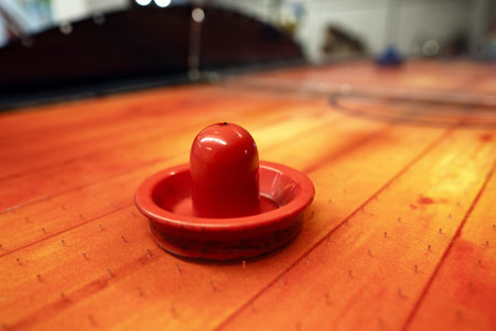 Air hockey game table. Close-up view.