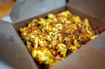 Very filling street food. French fries covered in cheese.