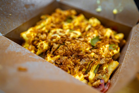 Very filling street food. French fries covered in cheese.