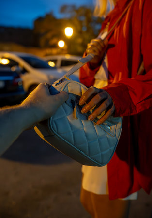A thief robs a girl in a parking lot.の写真素材