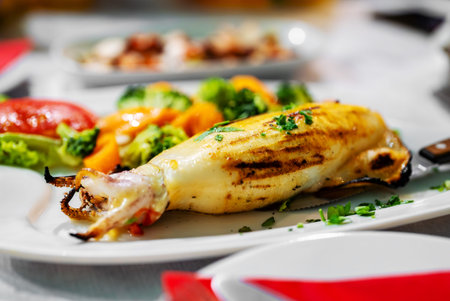 Squid stuffed with cheese and vegetables.