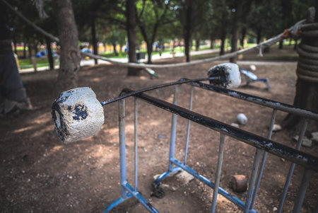 Improvised outdoor gym. Barbell made of reinforcement and concrete.の写真素材